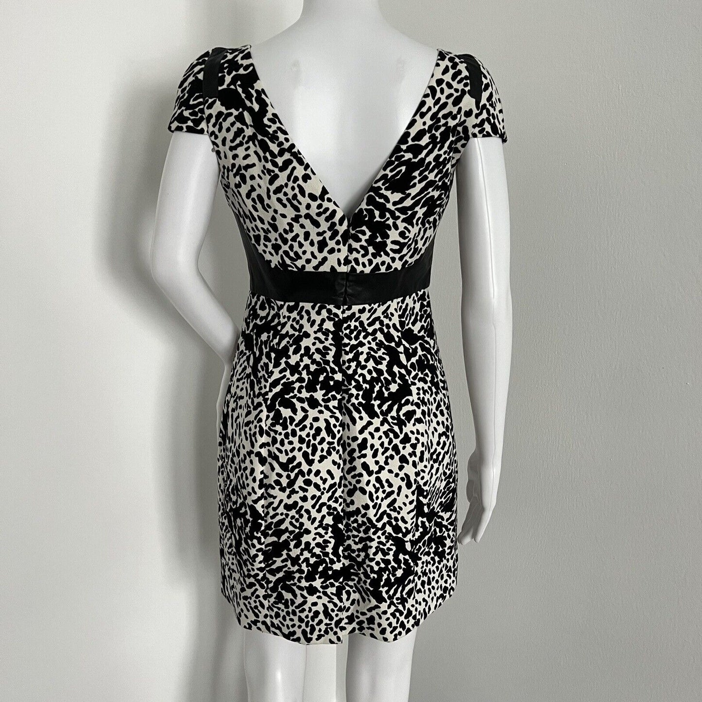 tibi Women Cocktail Dress Size 4 Black White Leopard Print Genuine Leather Mini