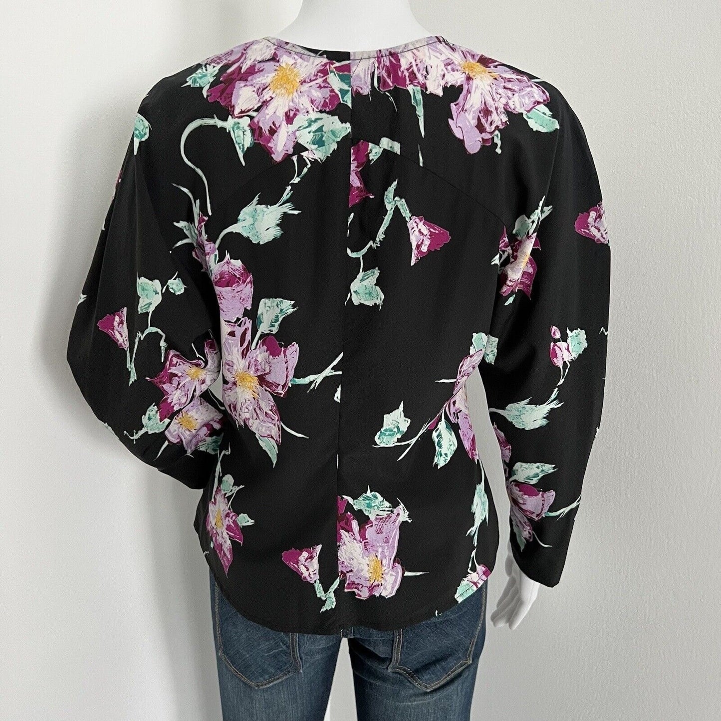 ALC Women's Millie Silk Blend Blouse Size 8 Black Floral Vneck Long Sleeve