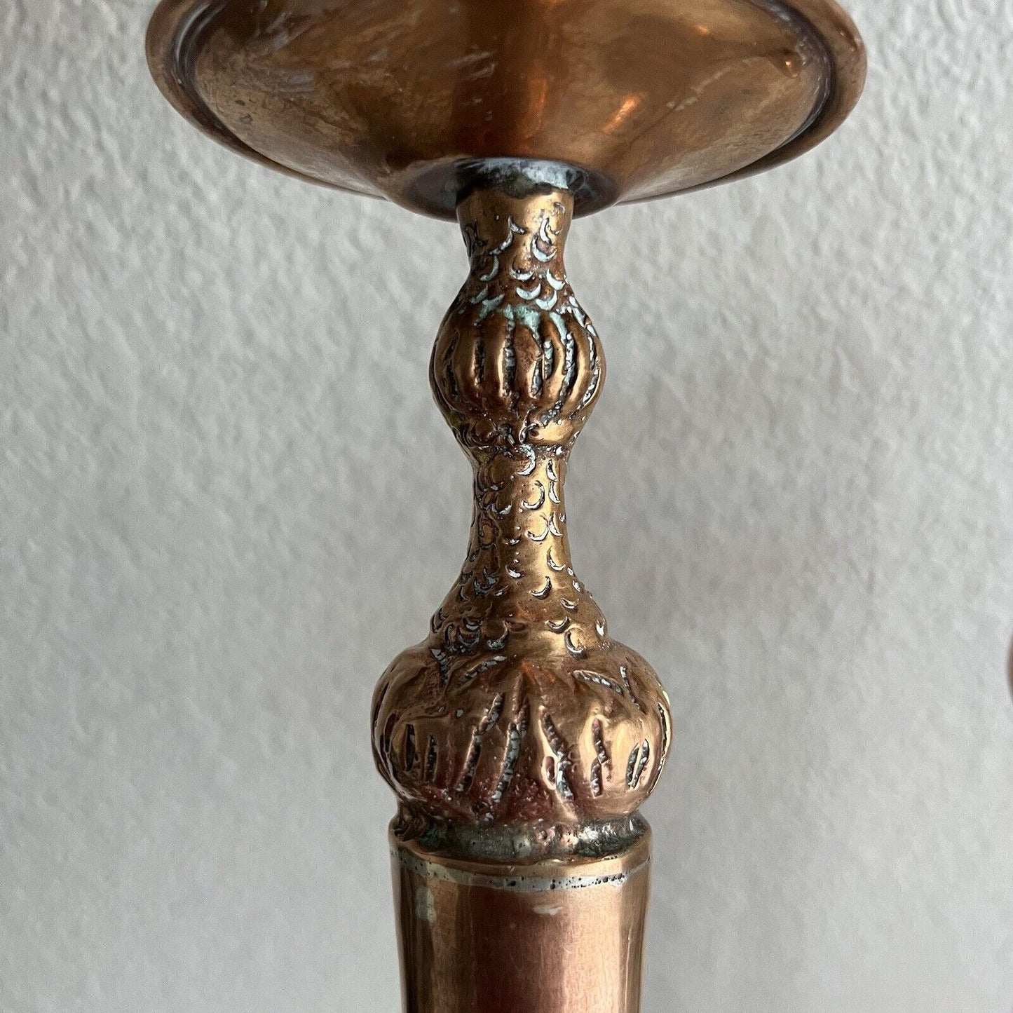 Vintage Copper Candlestick Pair 17" Patina Wide Base Tiered Detailed Unique