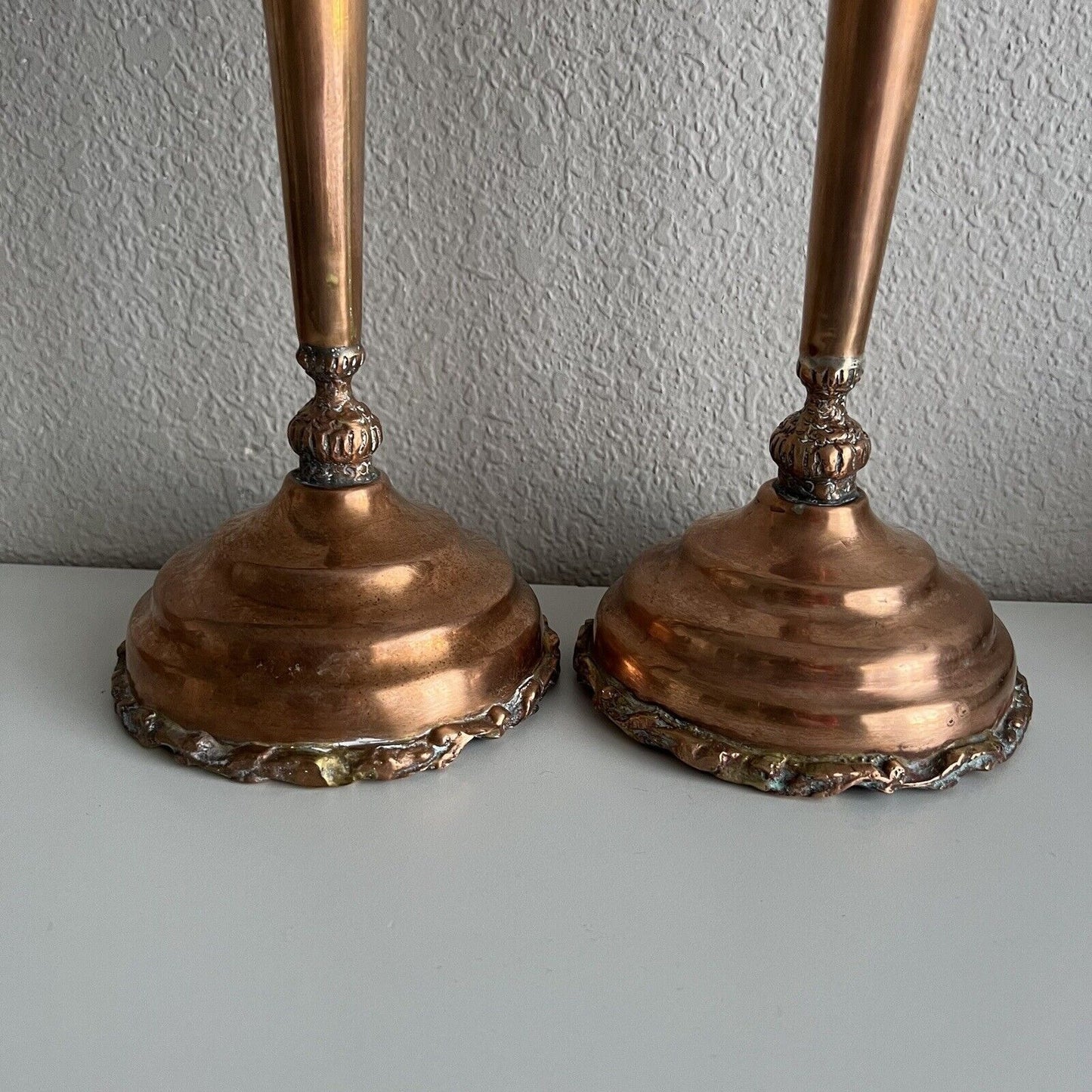 Vintage Copper Candlestick Pair 17" Patina Wide Base Tiered Detailed Unique