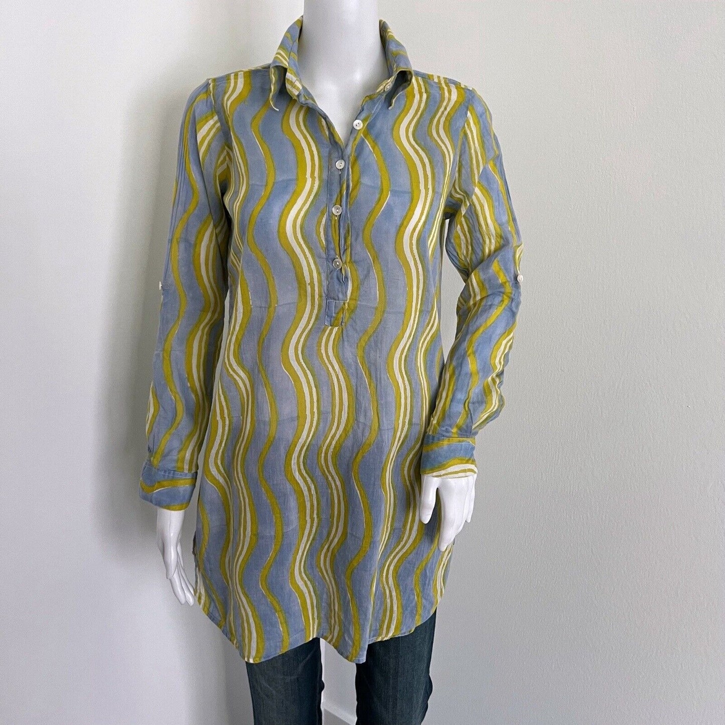 Oliphant Women's Tunic Size XS Blue Yellow Wavey Stripe Long Sleeve 100% Cotton