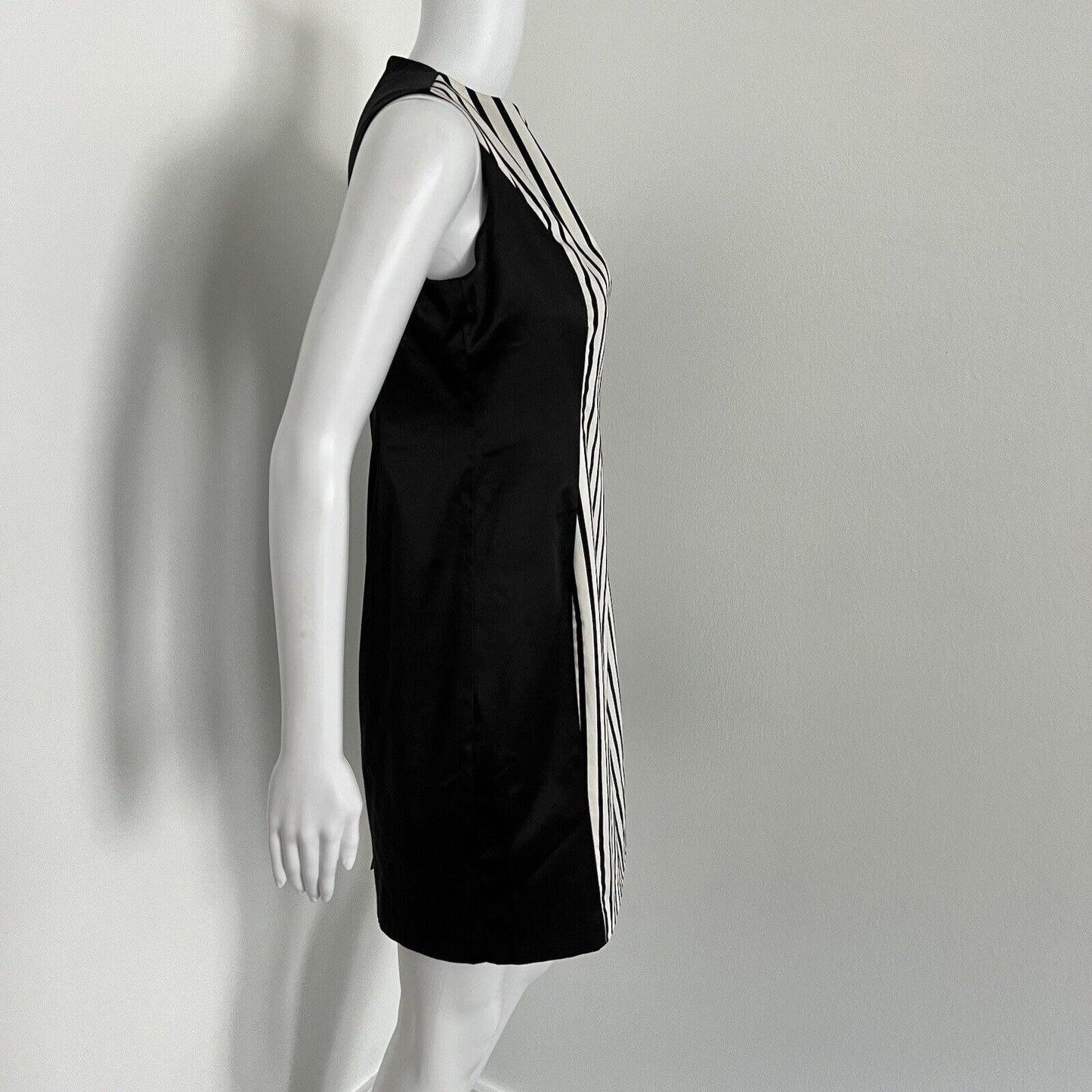 Karen Millen Satin Dress Size 8 Black White Stripe Cocktail Sleeveless High Neck