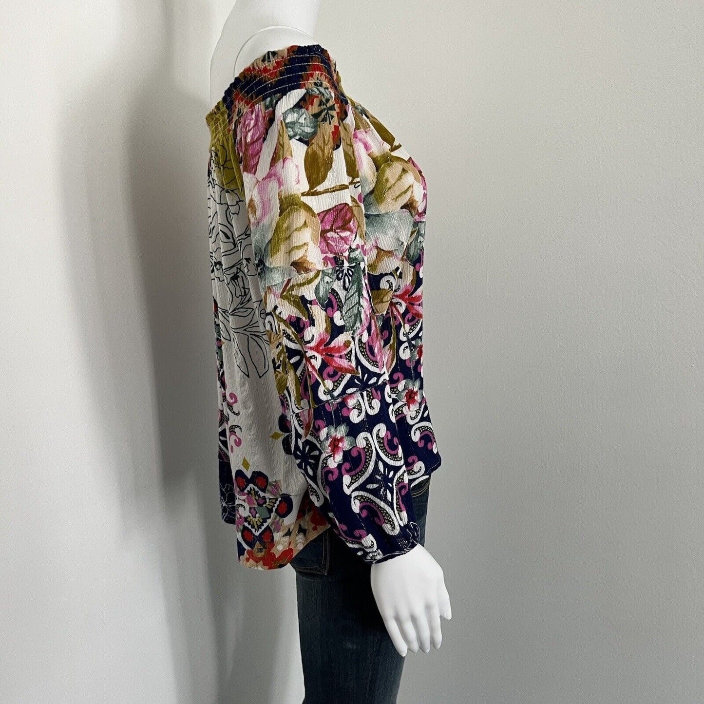 Desigual Women Hydra Blouse Size M Boat Neck Off the Shoulder Long Sleeve Floral