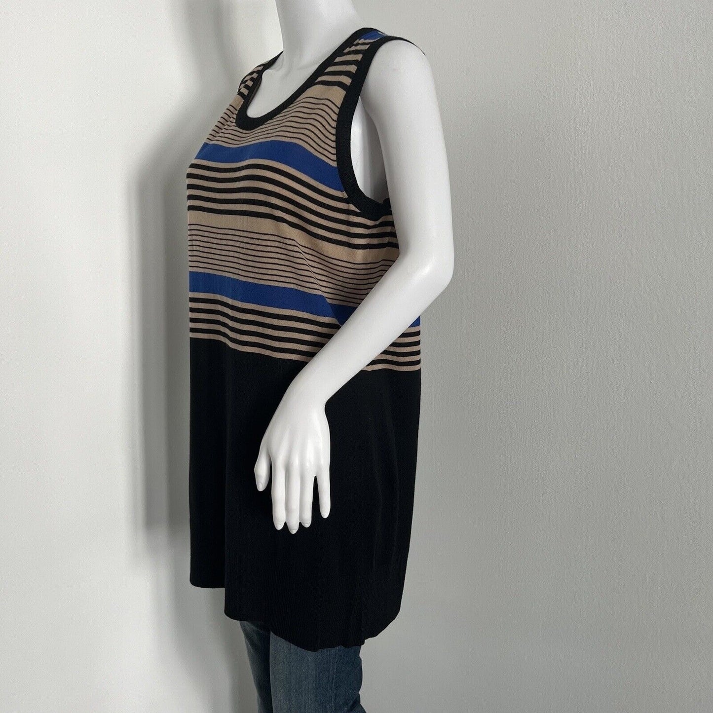 Akris Punto Sleeveless Top Size 12 44 100% Wool Blue Black Striped Colorblock