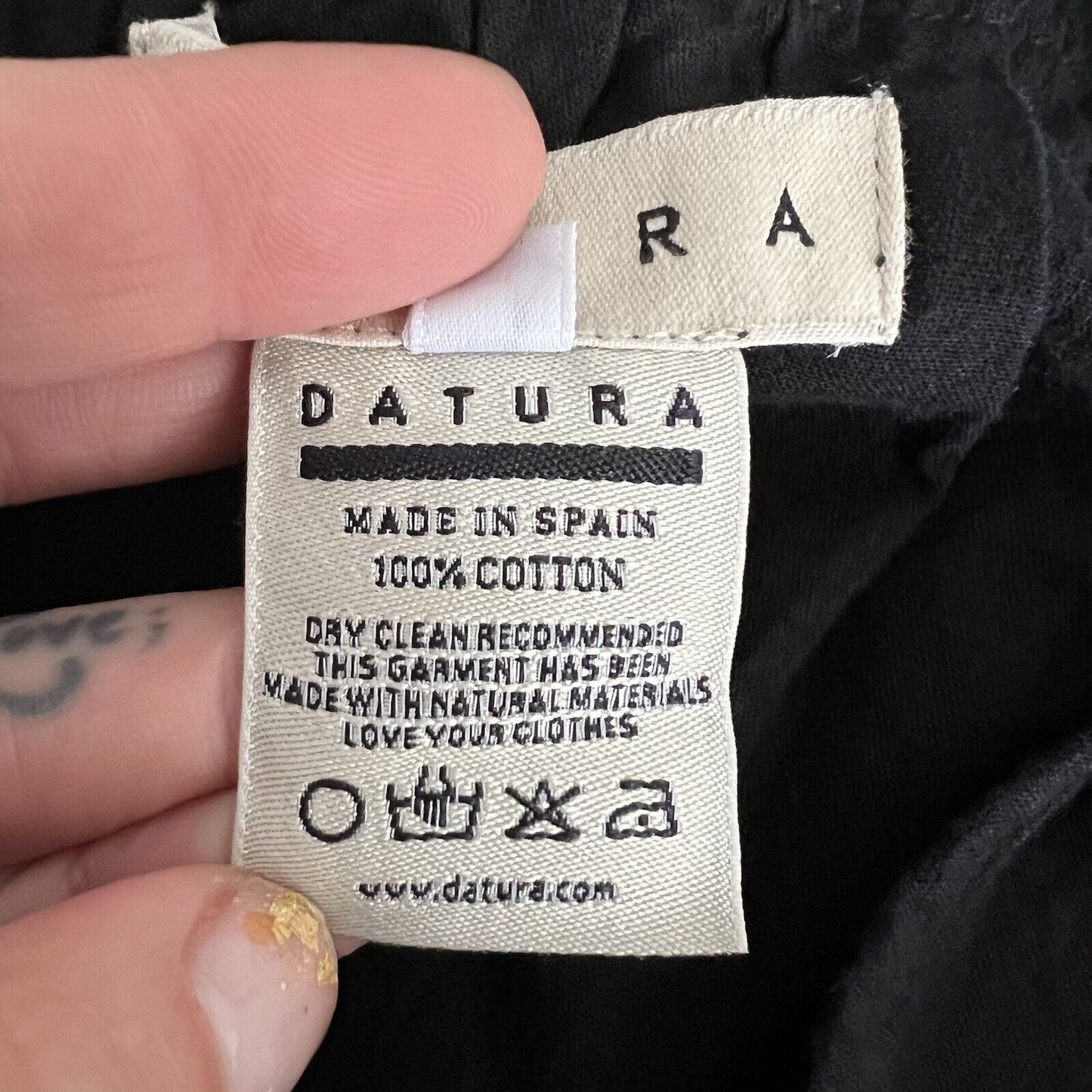 Datura Empire Waist Dress Size 1 S Black Cap Sleeve Midi 100% Cotton VBack Spain