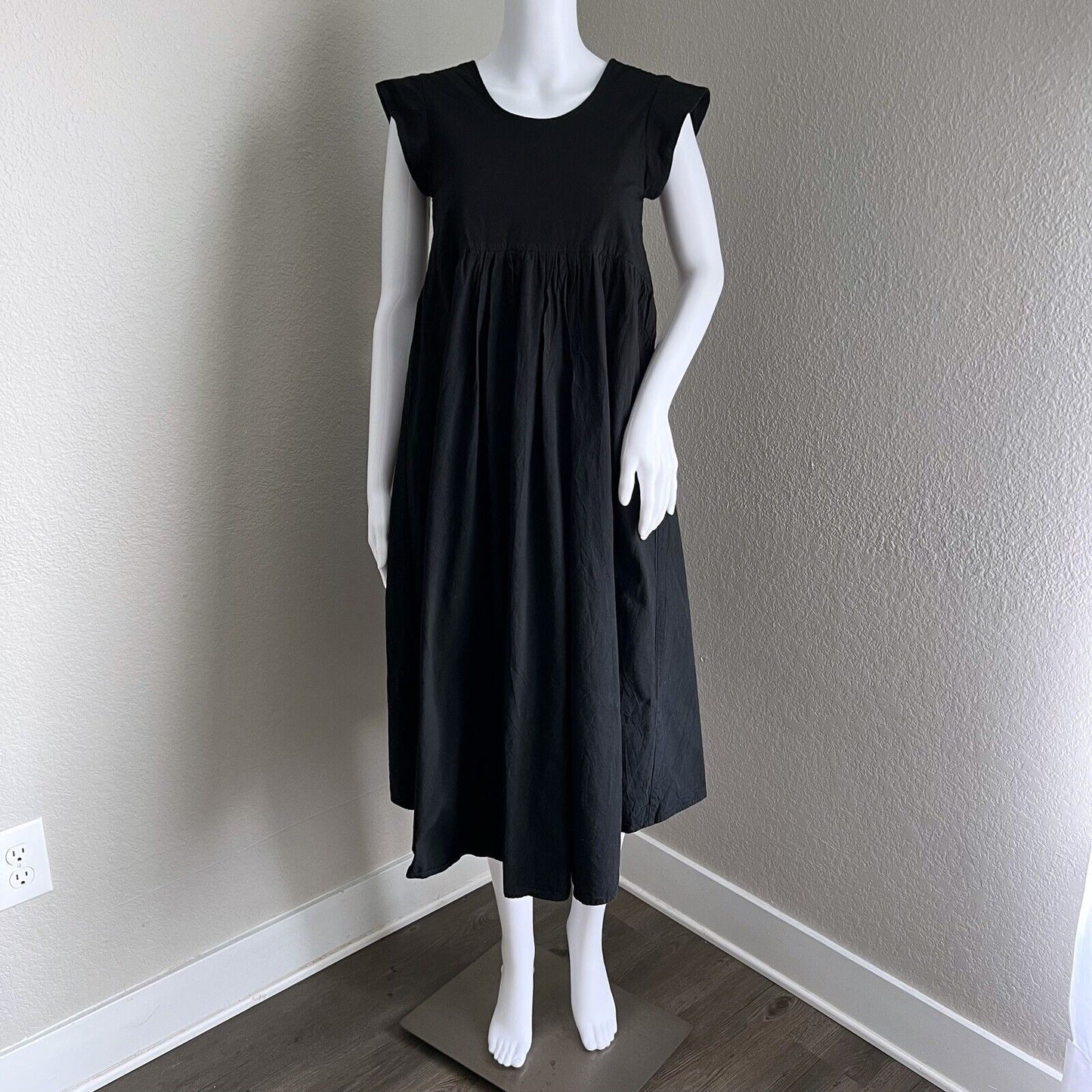 Datura Empire Waist Dress Size 1 S Black Cap Sleeve Midi 100% Cotton VBack Spain