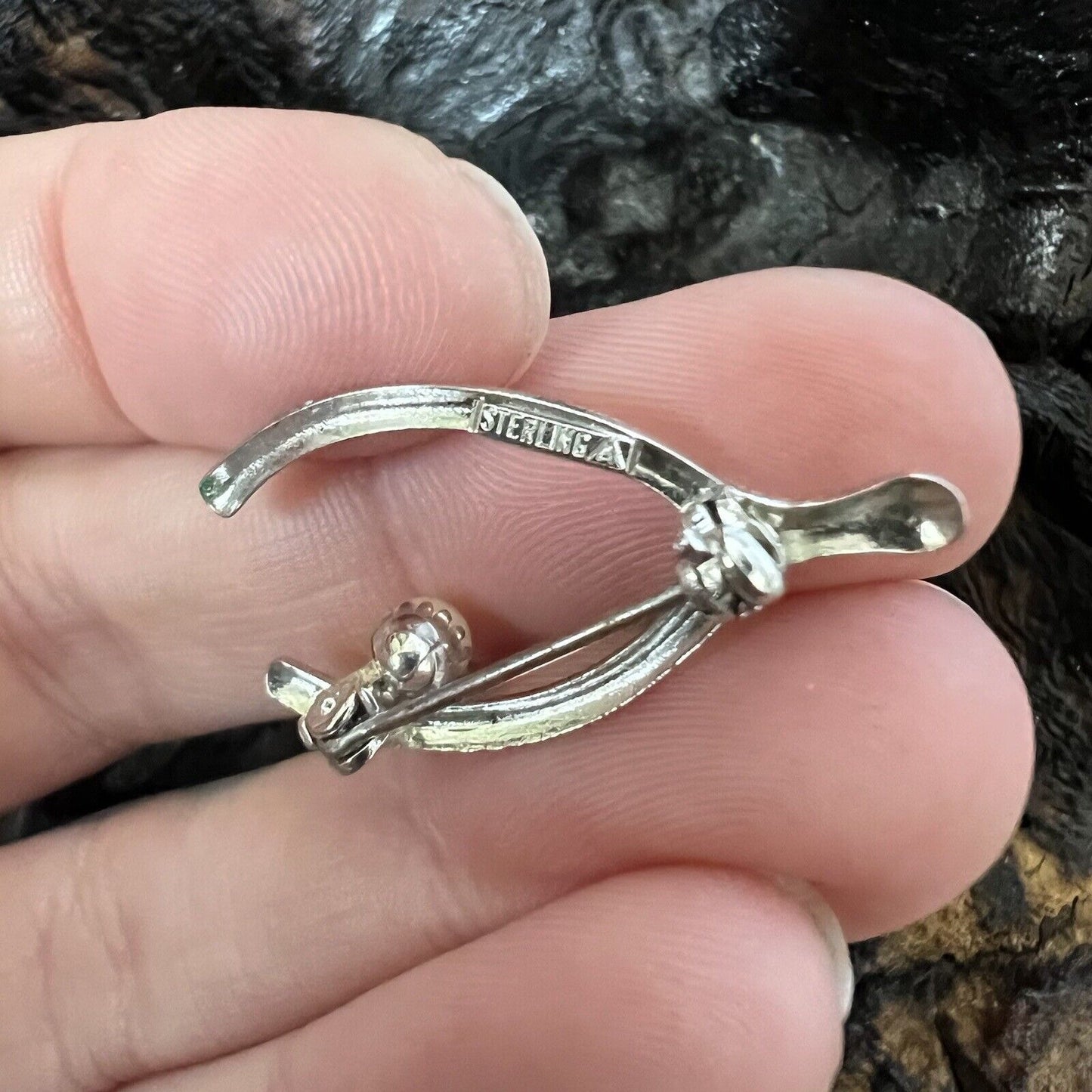 Vintage Sterling Wishbone Brooch Pin Small with Faux Pearl Accent Good Luck