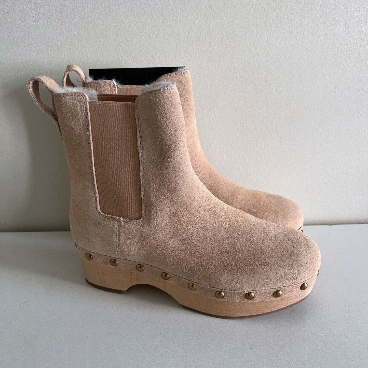 J. Crew Women Faux Fur Lined Clog Boots Size 5.5 Suede Chelsea Beige Comfy BD336