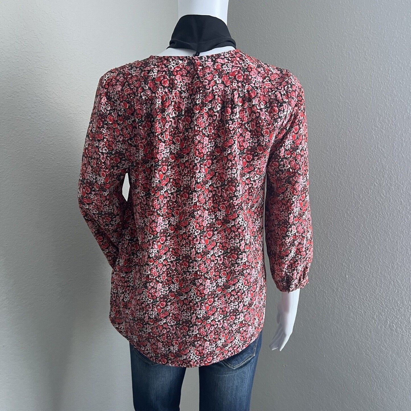 Joie Women's Elick Silk Blouse Size XXS Black Red Floral Grenadine Removable Tie