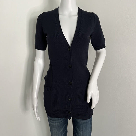 Theory Women's Flynn Vantage Cardigan Size Petite P Navy Blue Short Sleeve Vneck