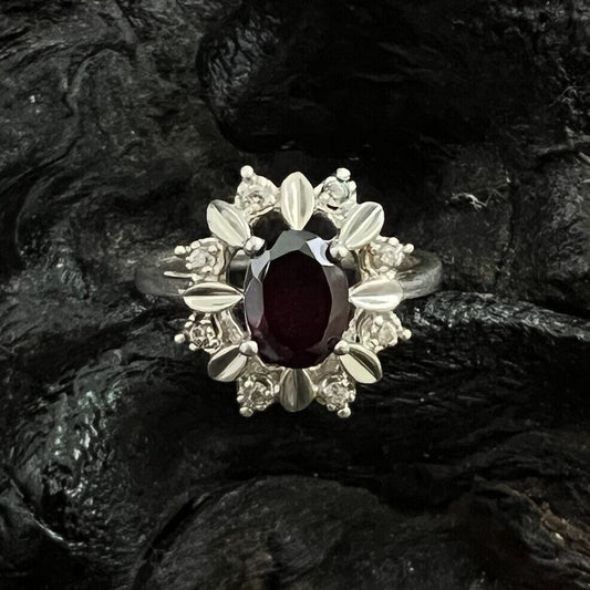 NV Red Garnet Oval Halo Flower Ring Size 7 Sterling Silver Prong Set 925