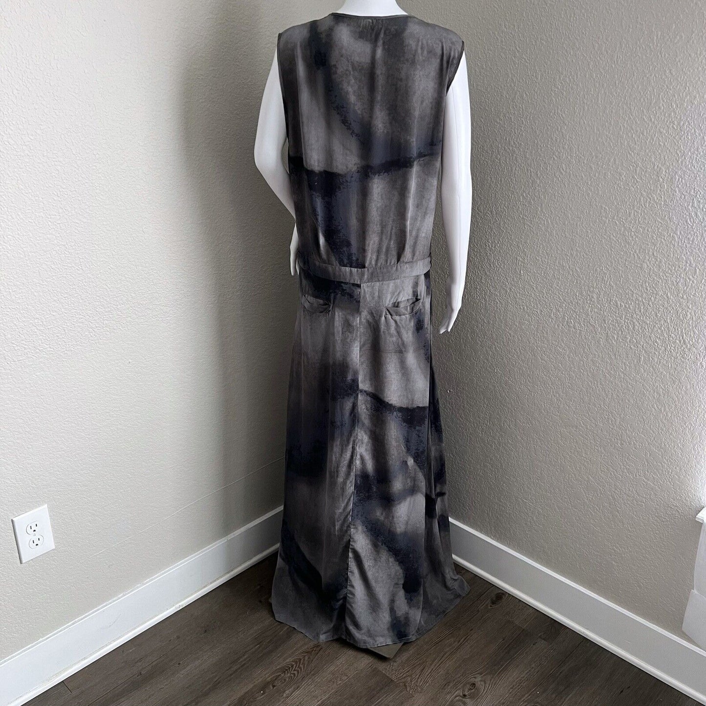 Biya Johnny Was Dress Size S Gray Blue 100% Silk Vneck Wrap Maxi with Pockets