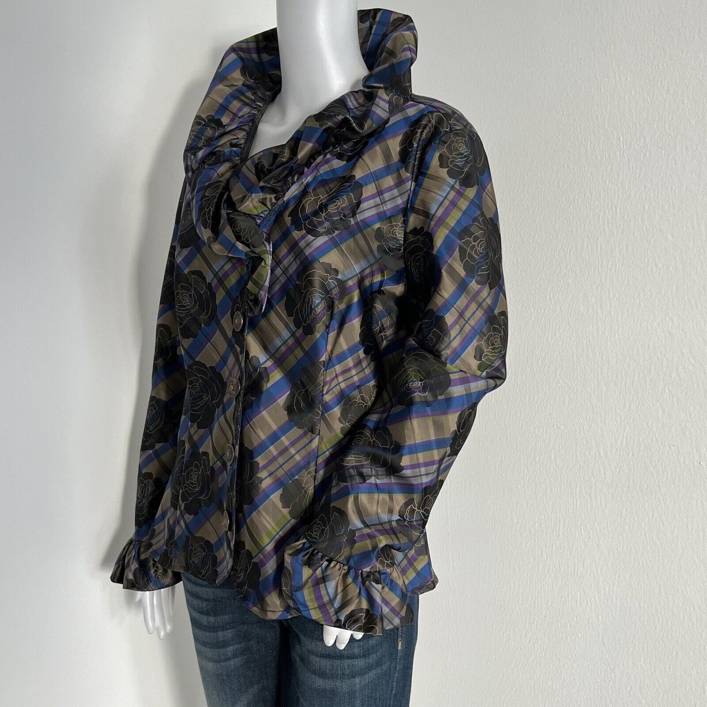 Samuel Dong Women's Ruffle Blouse Size L Rose Plaid Art to Wear Funky Unique