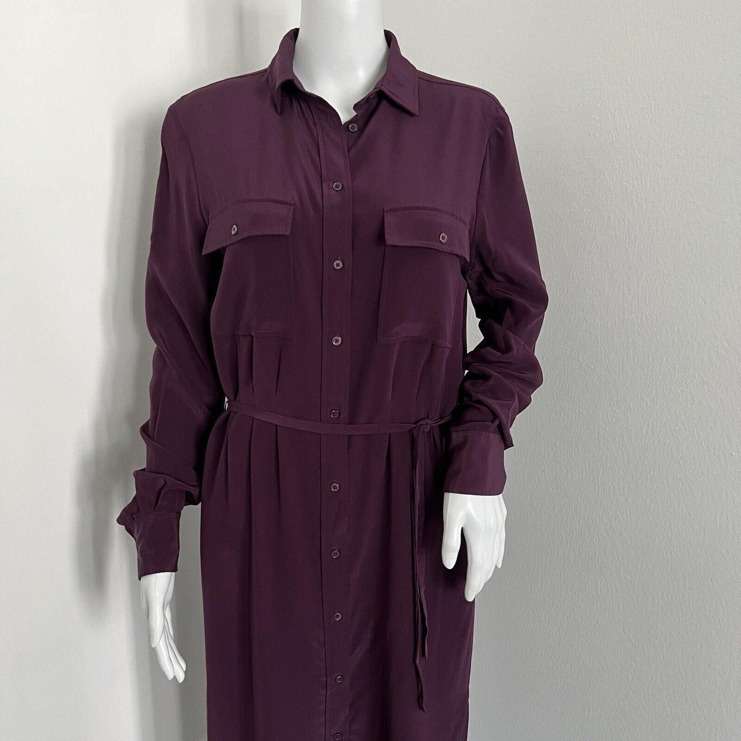 Joseph Women Caron Silk Shirt Dress Size 38 M Eggplant Purple Long Sleeve Belted