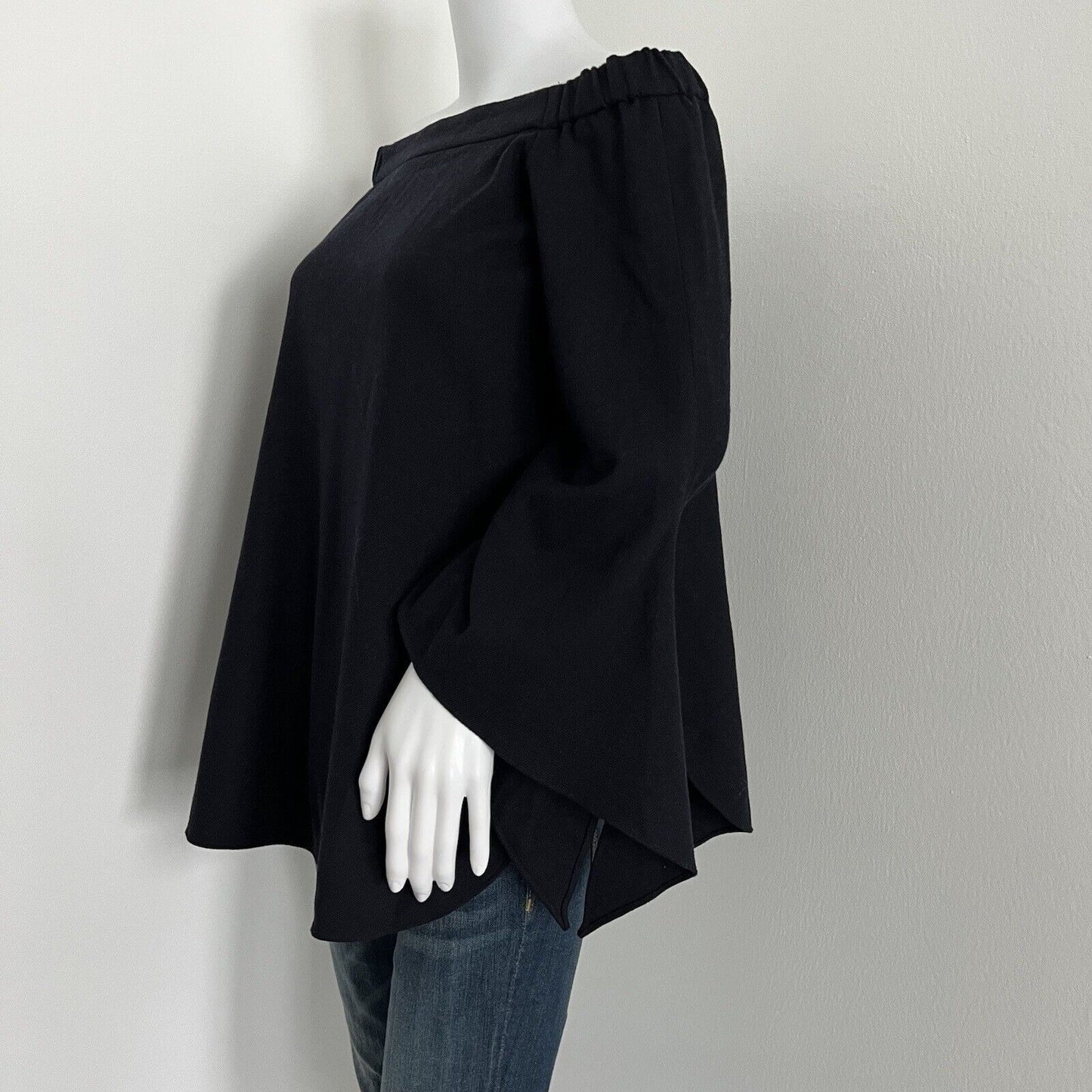 Tibi Women's Off the Shoulder Blouse Size 00 Blue Wool Blend Tie Sleeve