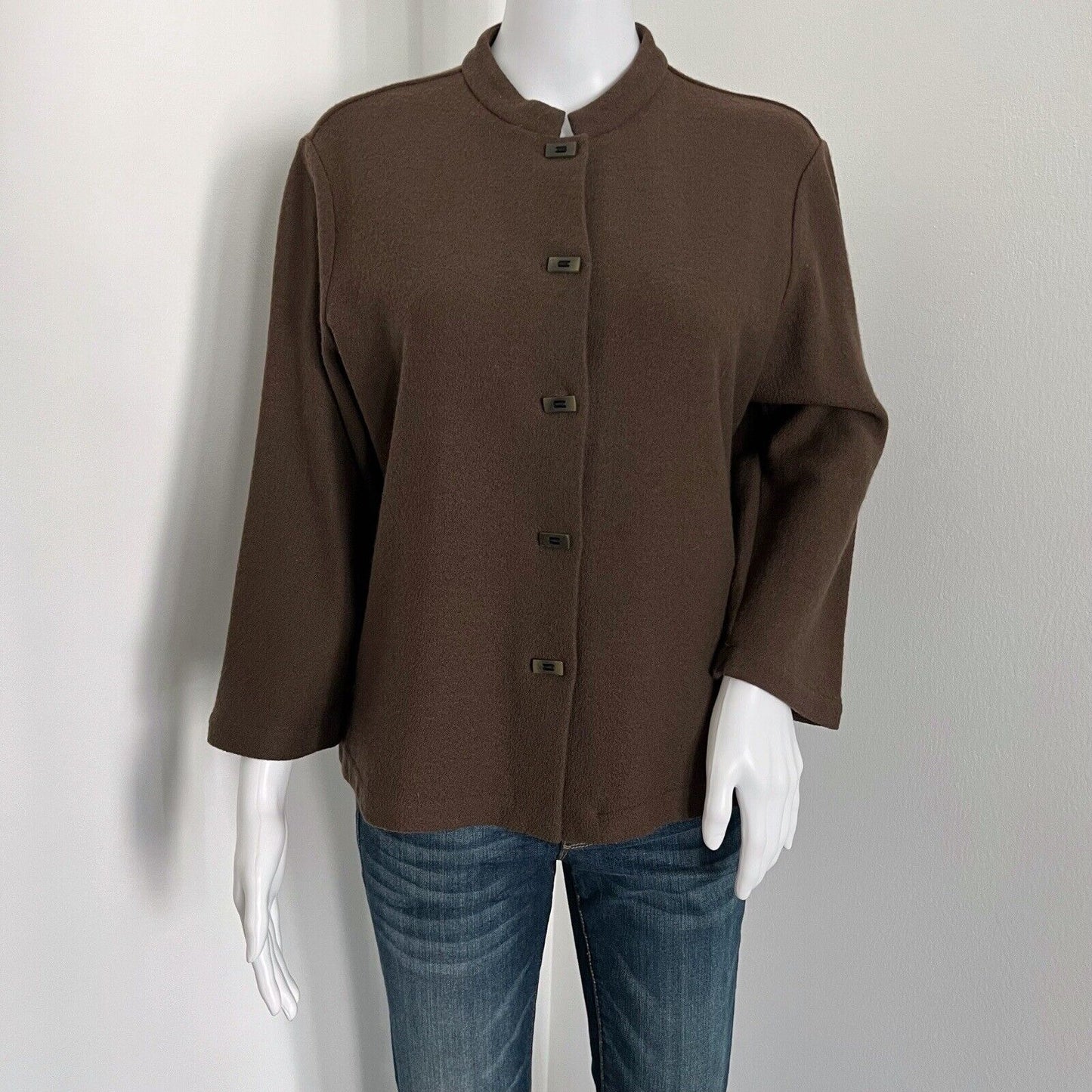 Eileen Fisher Women Wool Jacket Size M Brown Mandarin Collar Green Toggle Button