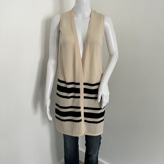 kokun Women Cardigan Size XS 100% Cashmere Beige Colorblock Open Sleeveless