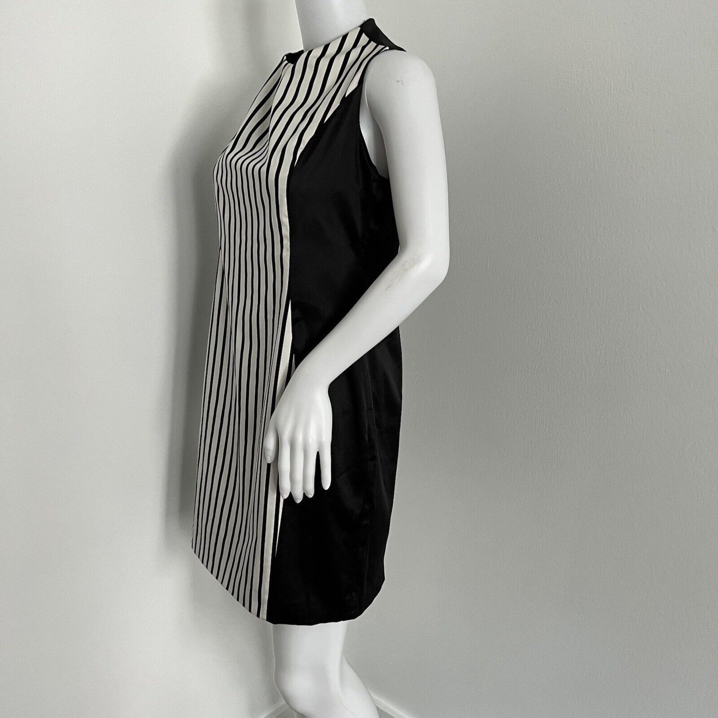 Karen Millen Satin Dress Size 8 Black White Stripe Cocktail Sleeveless High Neck