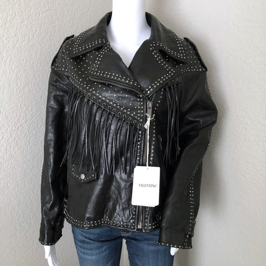 Valentino Women's Leather Jacket Size 38 2 Black Biker Rhinestone Fringe