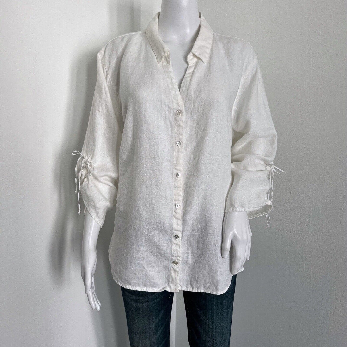 Cut Loose Womens Tunic Size XL White Collared Linen Lagenlook Tie Rouched Sleeve