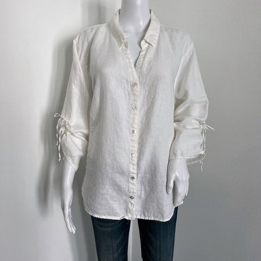 Cut Loose Womens Tunic Size XL White Collared Linen Lagenlook Tie Rouched Sleeve