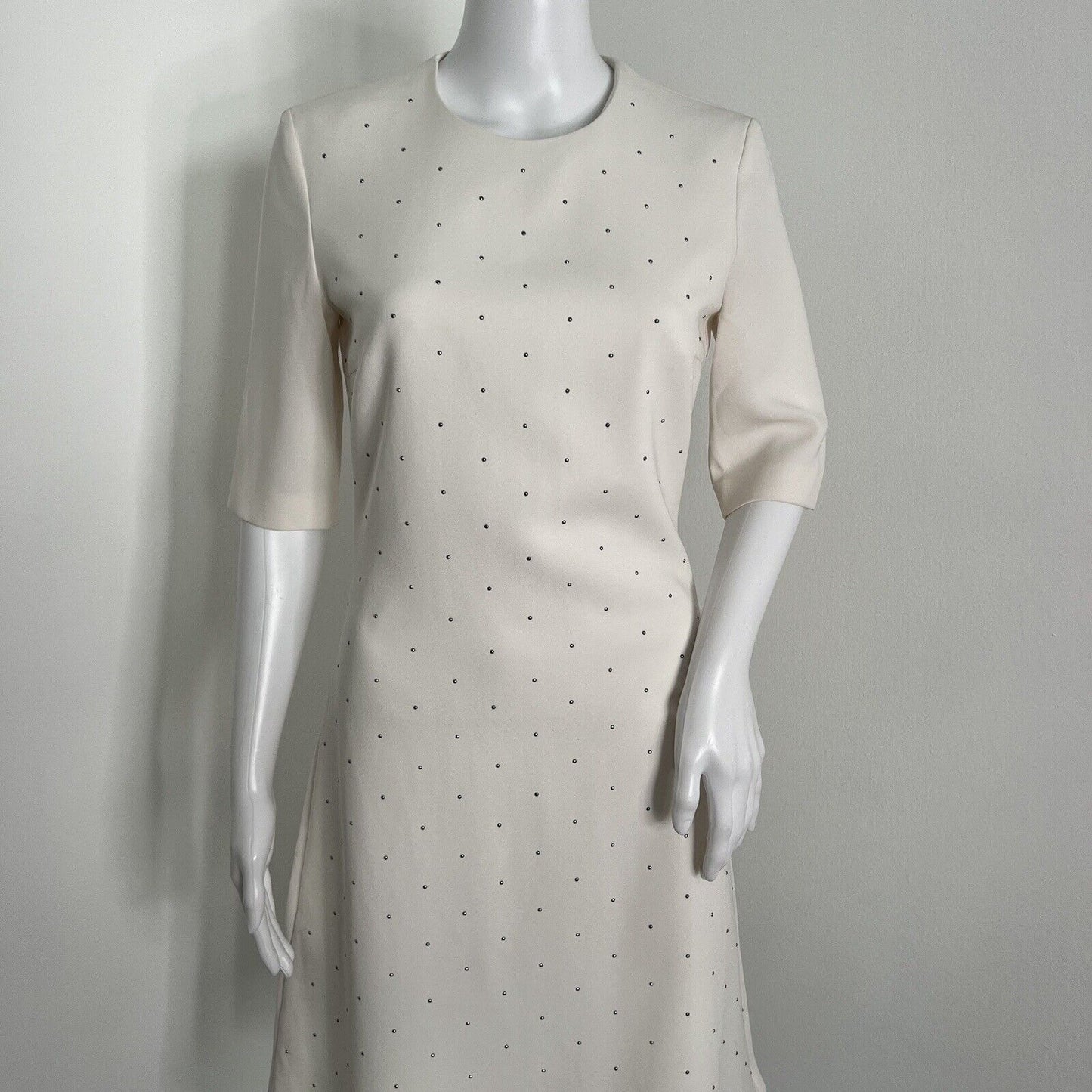 Hugo Boss Dress Size 2 Off White Silver Rivet Detail Aline 3/4 Sleeve Crewneck