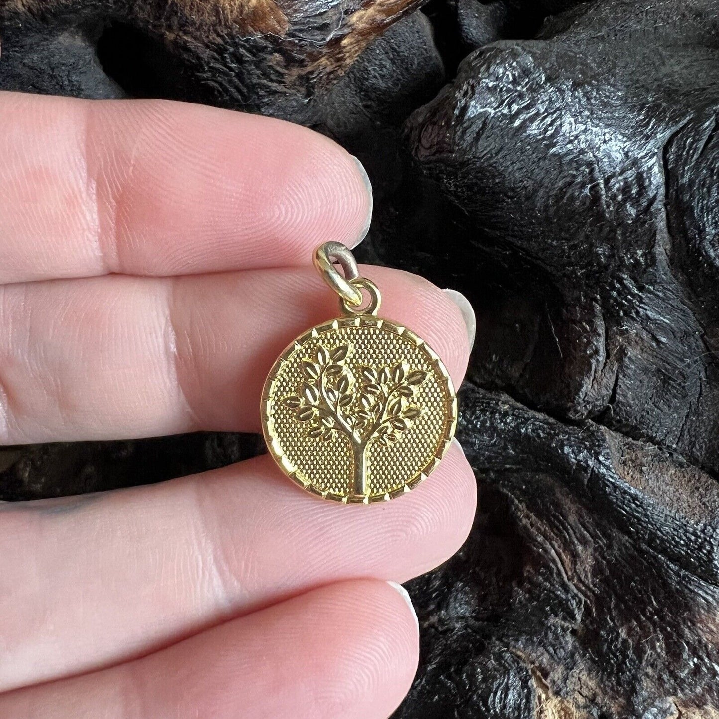 Vintage Tree of Life Charm Marked LA CN Gold Tone Embossed Knowledge Fertility