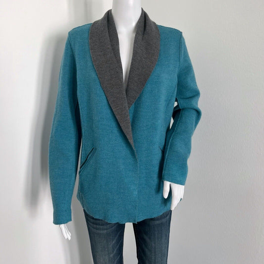 Eileen Fisher Women Merino Wool Blend Jacket Size Petite L PL Blue Gray Pockets