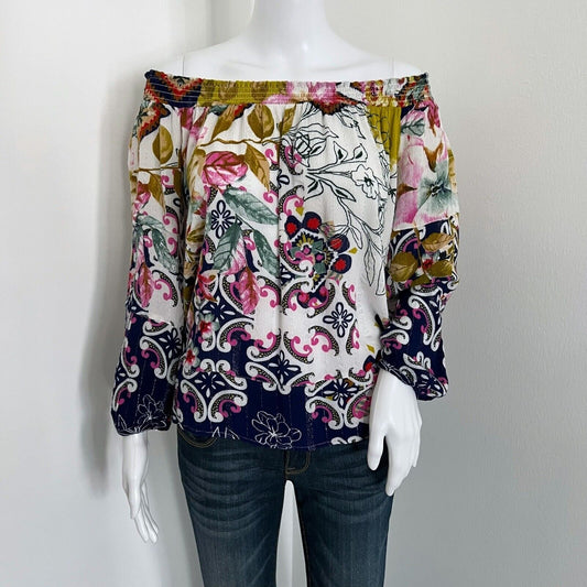 Desigual Women Hydra Blouse Size M Boat Neck Off the Shoulder Long Sleeve Floral