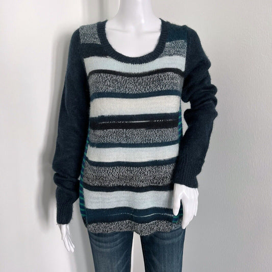 prAna Women's Nautical Seffi Sweater Size M Wool Blend Blue Gray Striped Relaxed