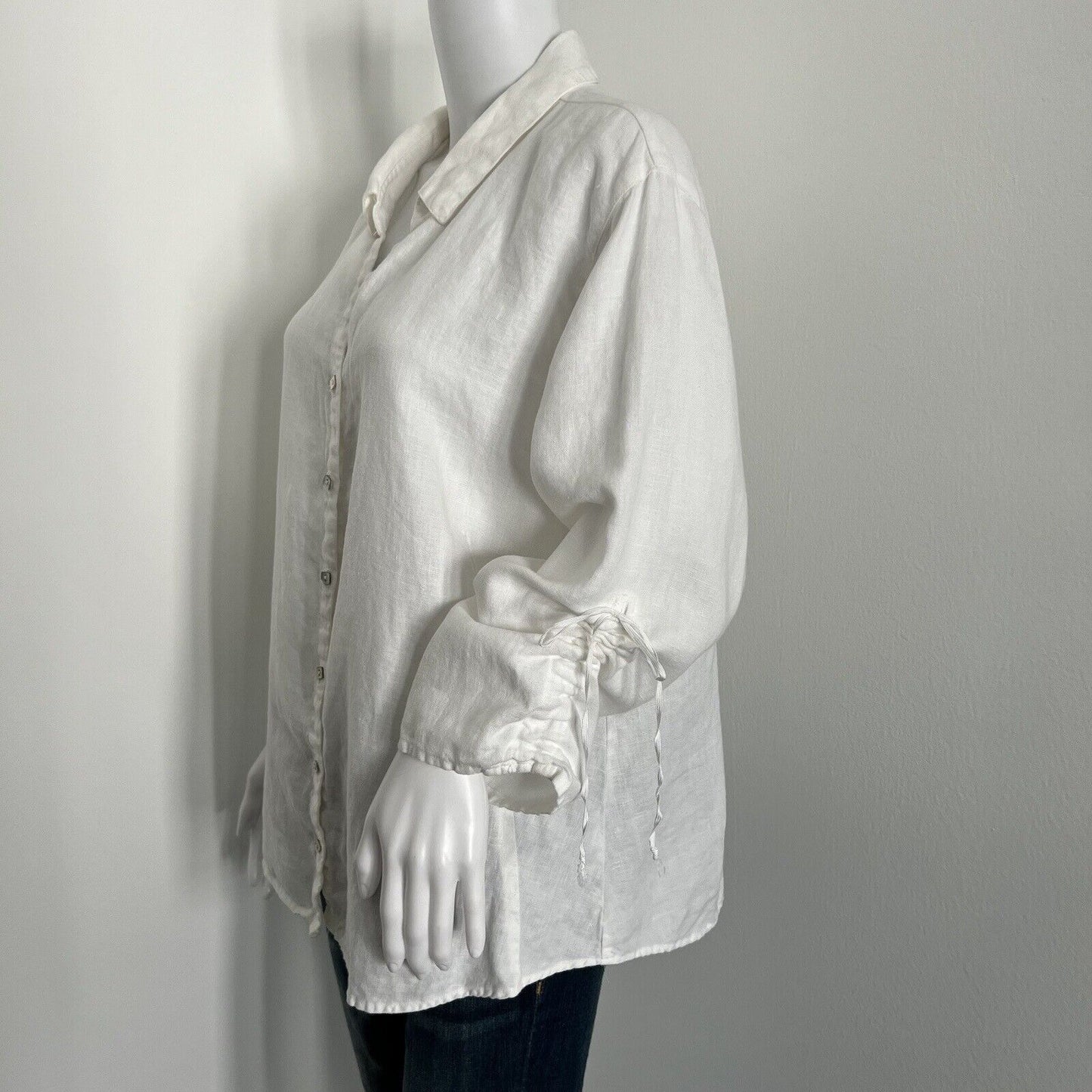 Cut Loose Womens Tunic Size XL White Collared Linen Lagenlook Tie Rouched Sleeve