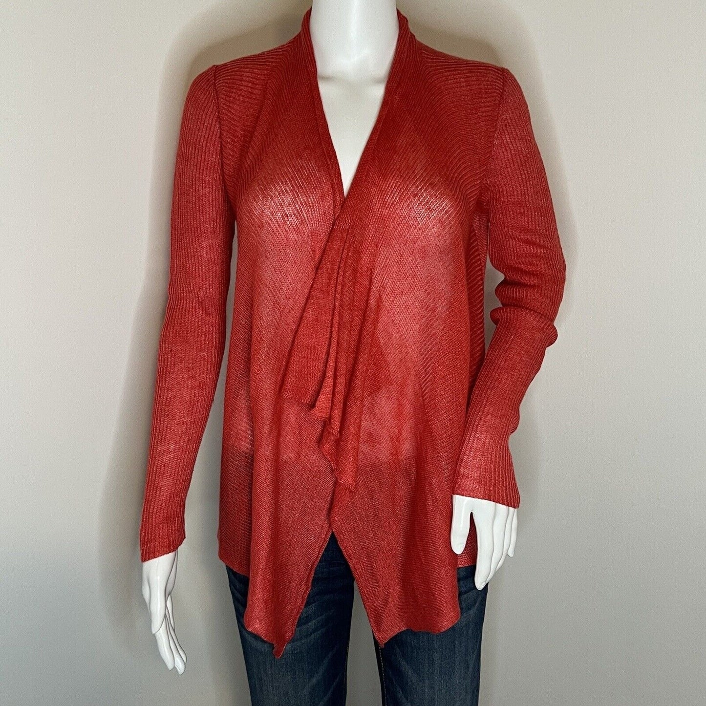 Eileen Fisher Women's Cascading Cardigan Size PP Petite Orange Coral 100% Linen