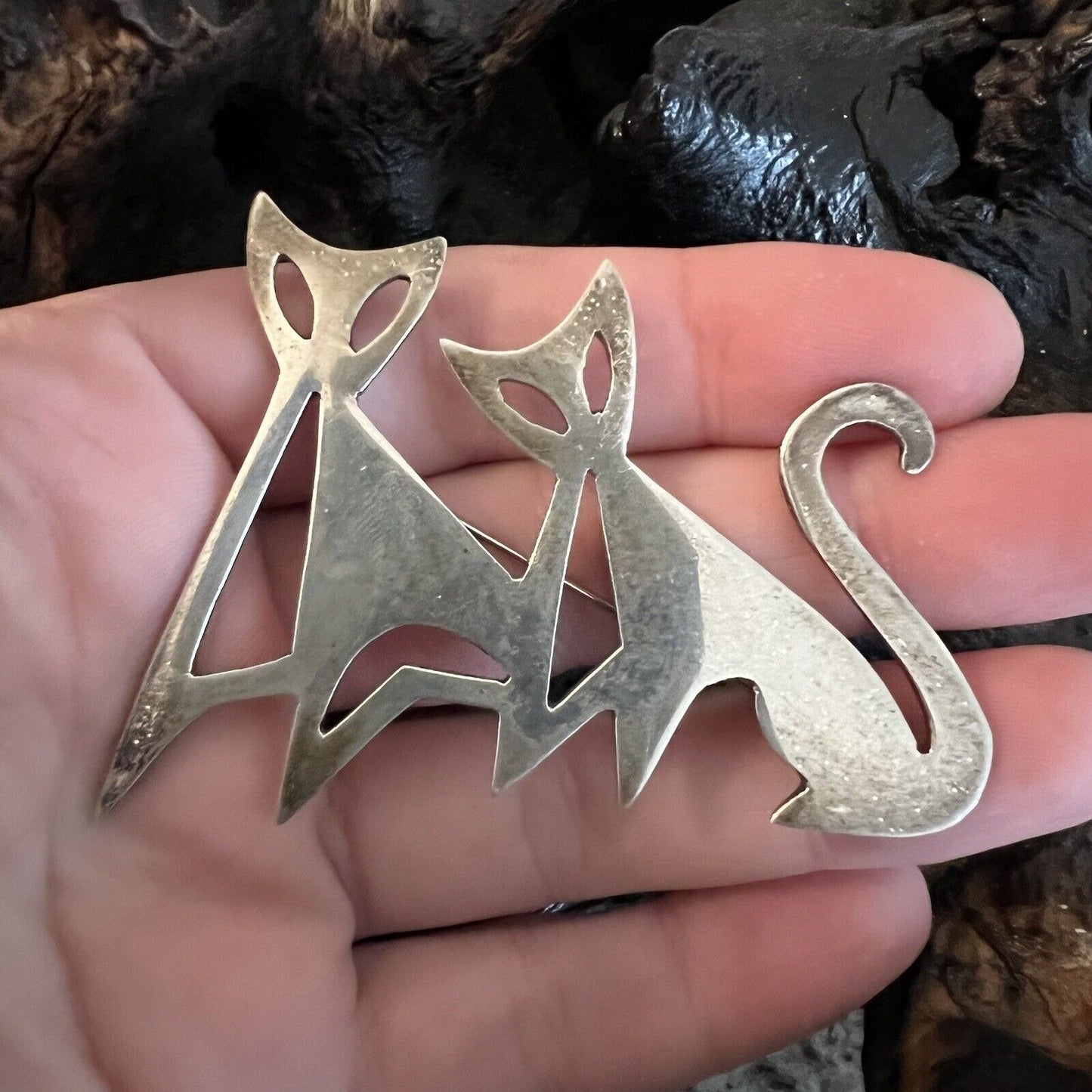 Vintage Mexican Sterling Silver Modernist Cat Brooch Atomic Art