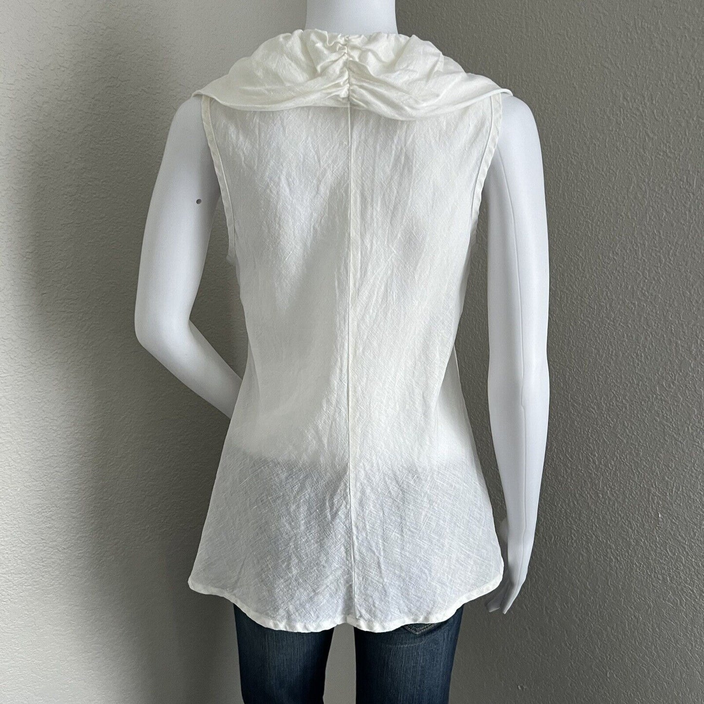 FLAX Women's Ruffle Collar Top Size P Small White Sleeveless 100% Linen