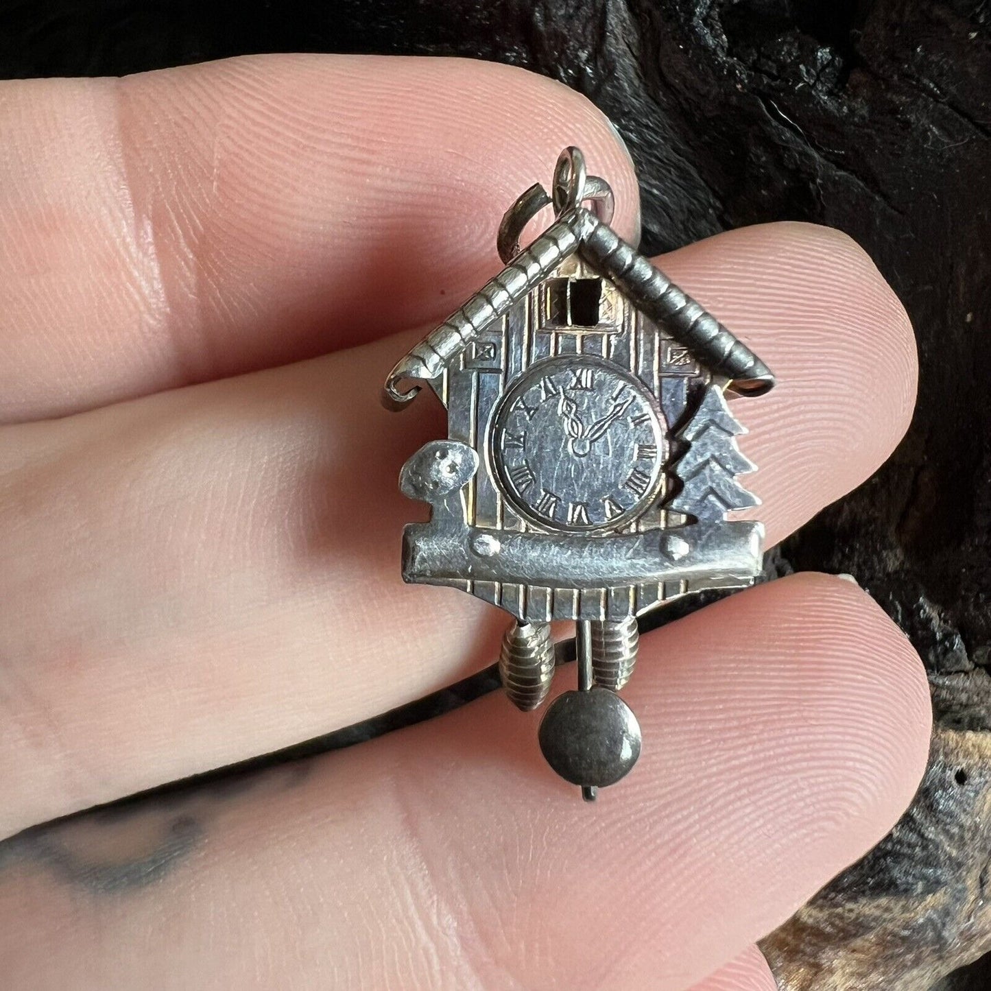 Vintage 800 Silver Cuckoo Clock Charm Articulated Travel Rustic Charming