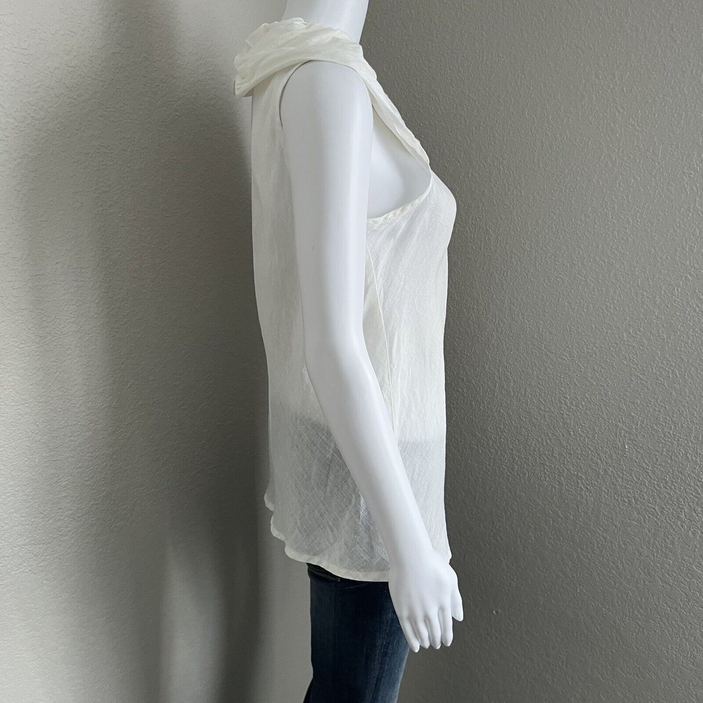 FLAX Women's Ruffle Collar Top Size P Small White Sleeveless 100% Linen