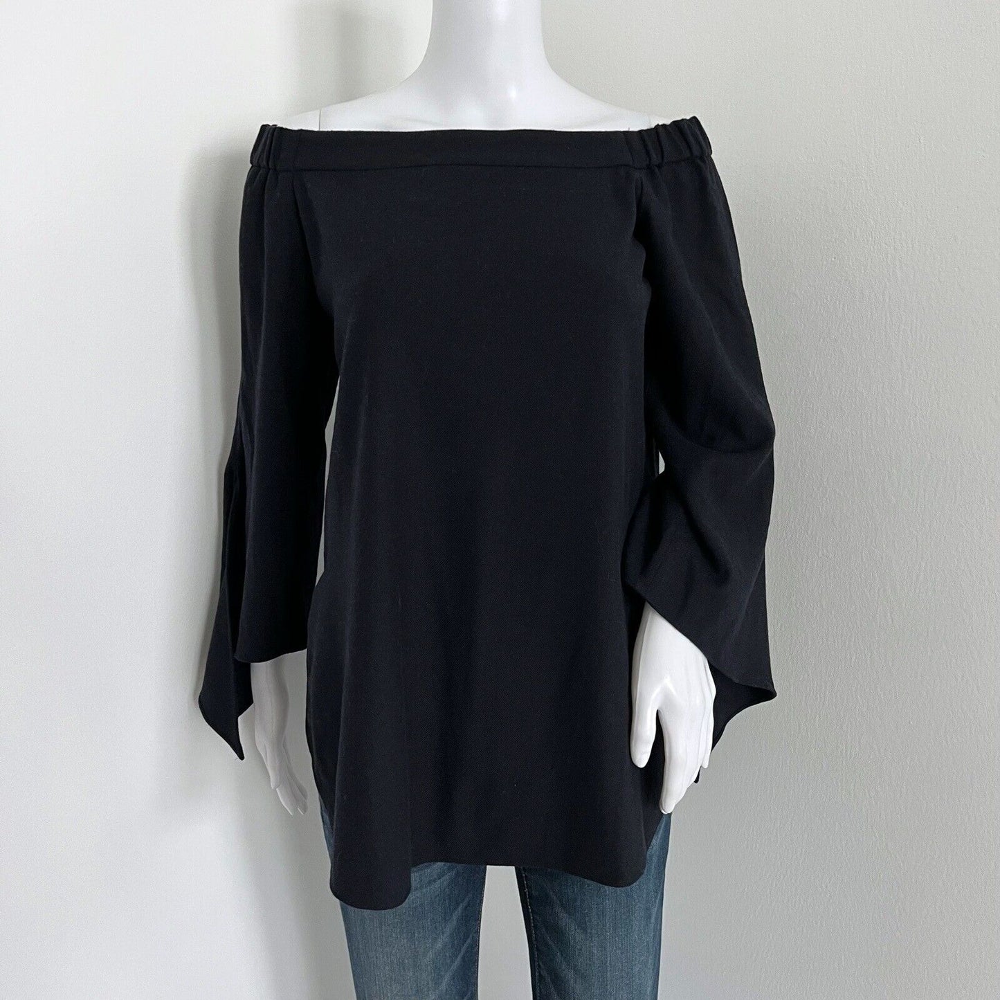 Tibi Women's Off the Shoulder Blouse Size 00 Blue Wool Blend Tie Sleeve