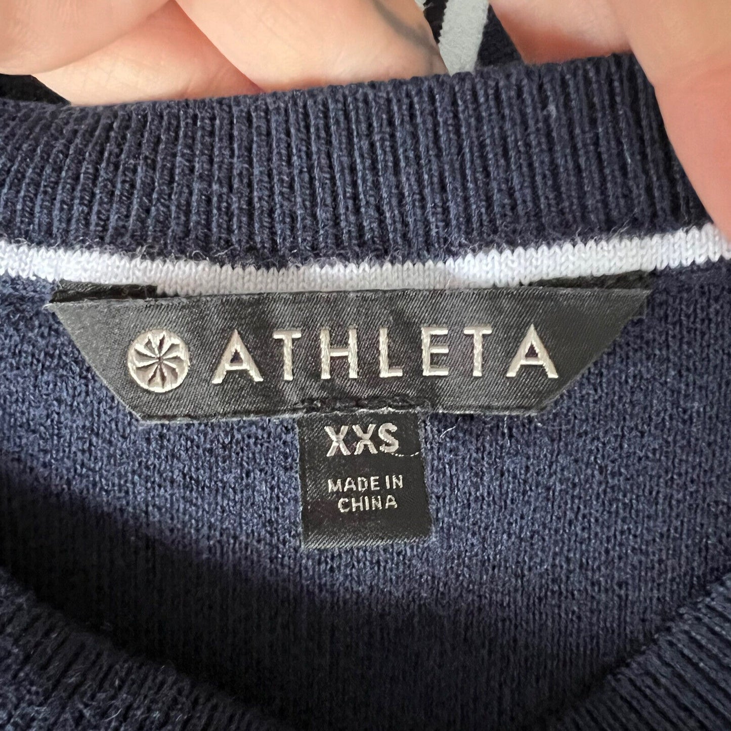 Athleta Women's Streetwise Sweater Size XXS Navy Blue White Diagonal Thumb Holes