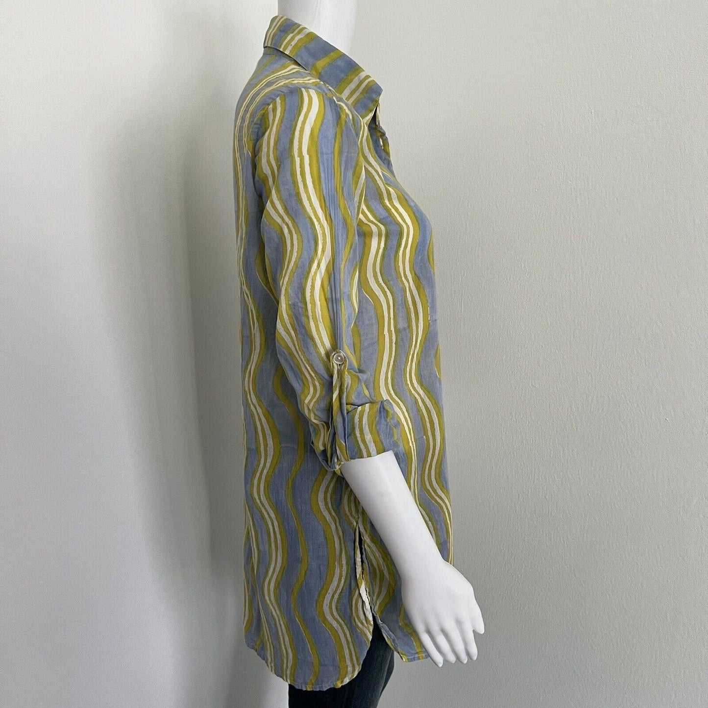 Oliphant Women's Tunic Size XS Blue Yellow Wavey Stripe Long Sleeve 100% Cotton