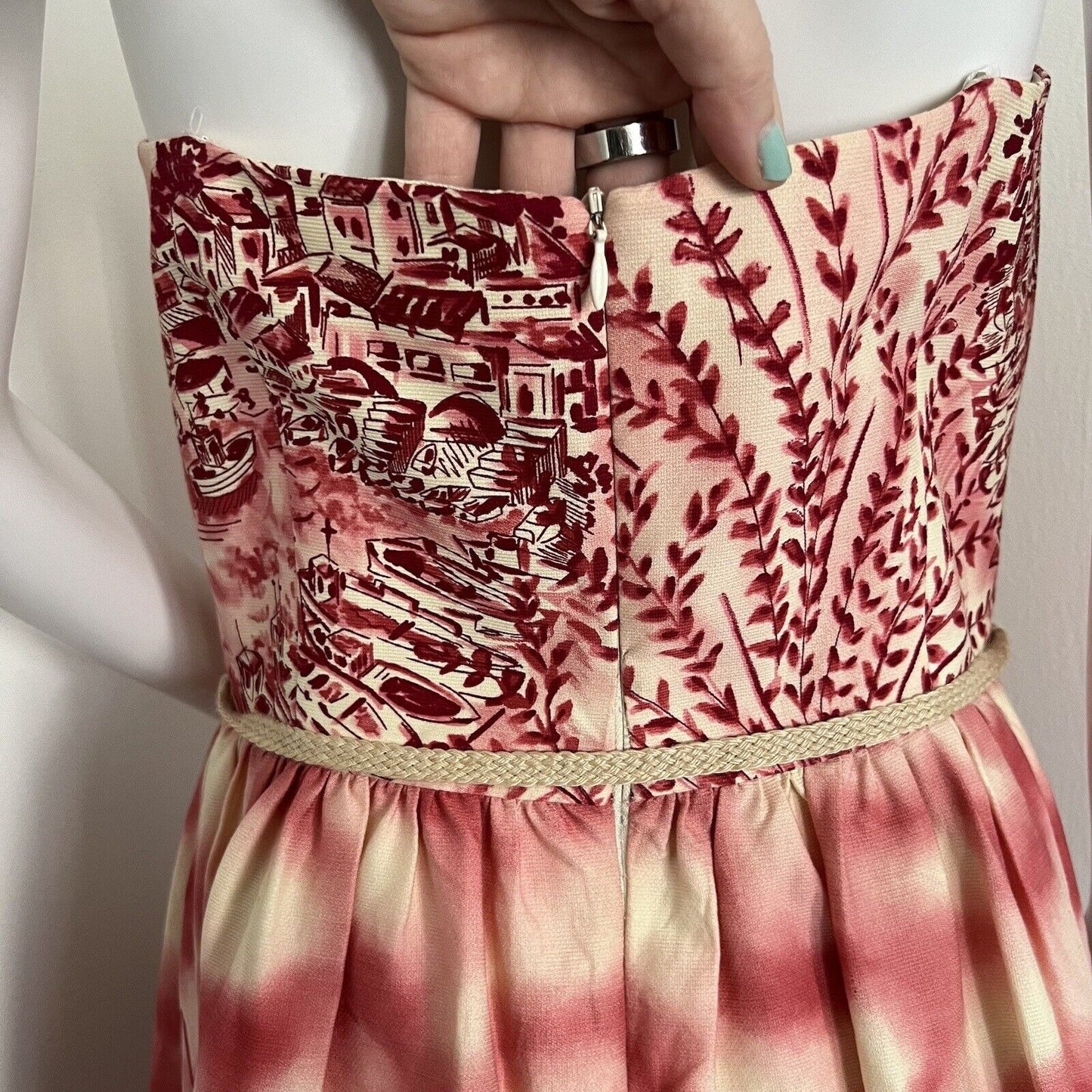 David Meister Dress Size 8 Pink Strapless Cocktail Tea Party Belted Unique Print