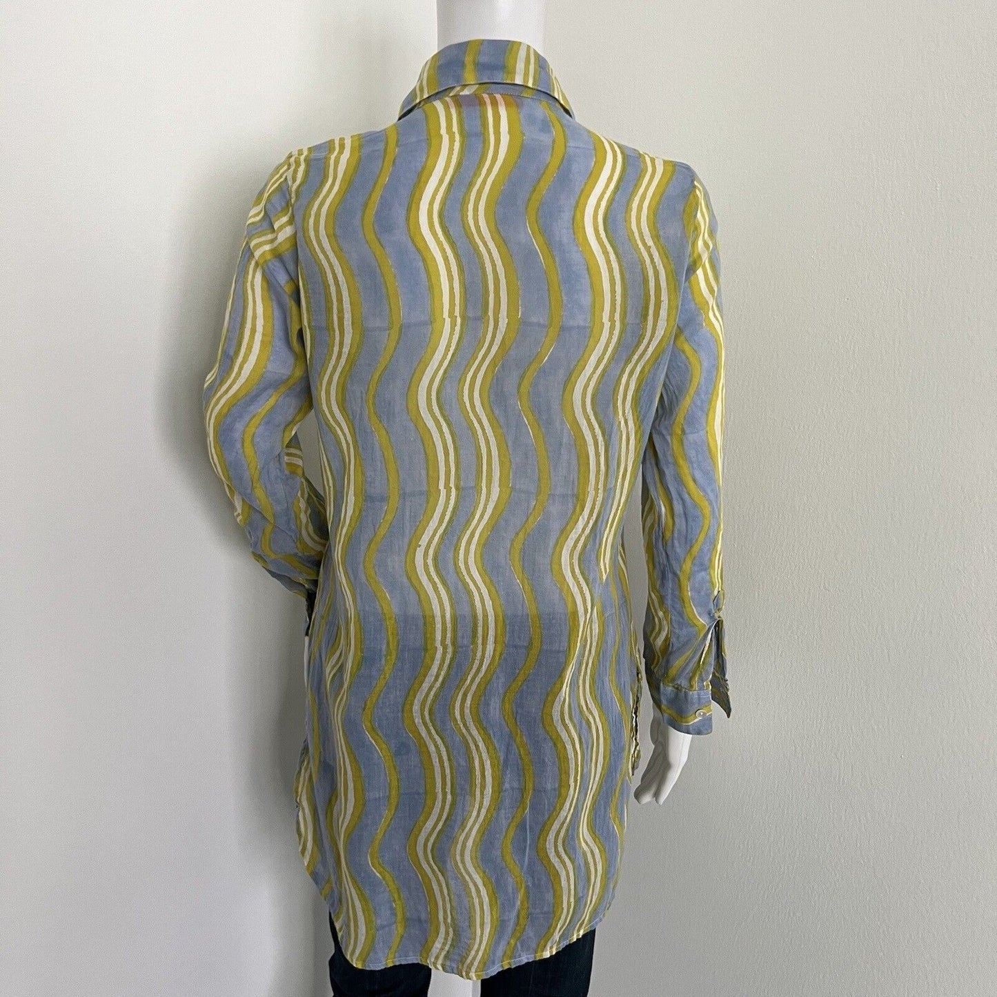 Oliphant Women's Tunic Size XS Blue Yellow Wavey Stripe Long Sleeve 100% Cotton