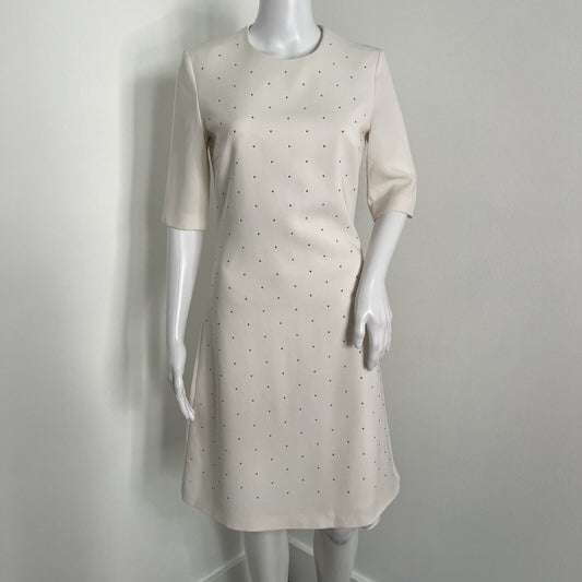 Hugo Boss Dress Size 2 Off White Silver Rivet Detail Aline 3/4 Sleeve Crewneck