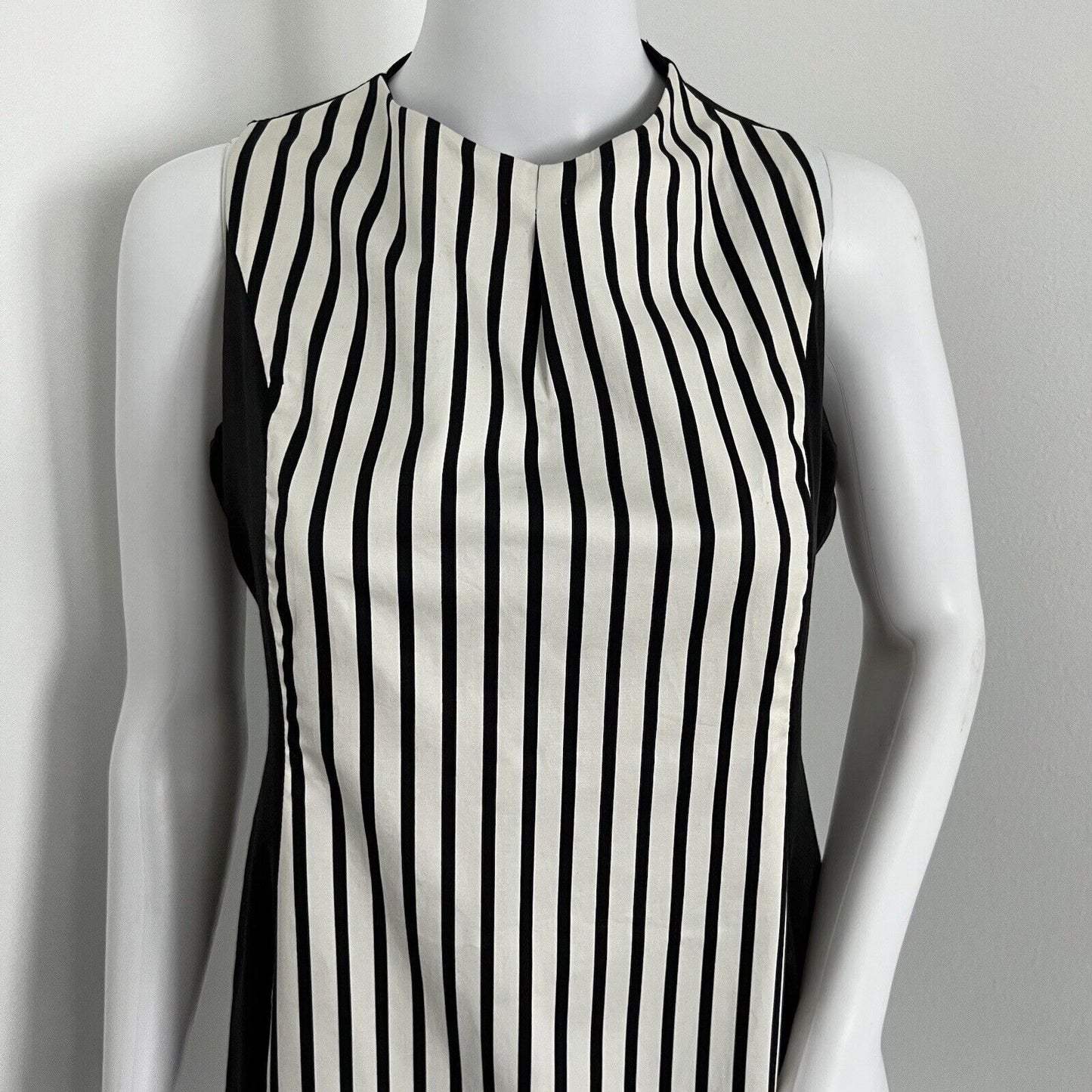 Karen Millen Satin Dress Size 8 Black White Stripe Cocktail Sleeveless High Neck