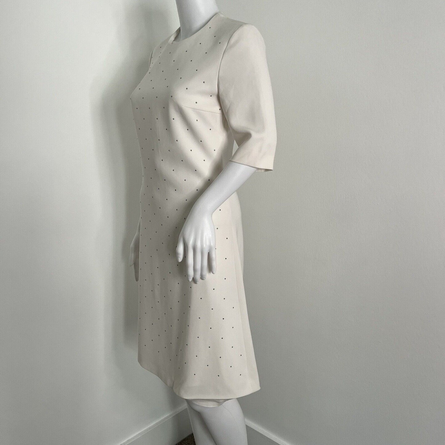 Hugo Boss Dress Size 2 Off White Silver Rivet Detail Aline 3/4 Sleeve Crewneck