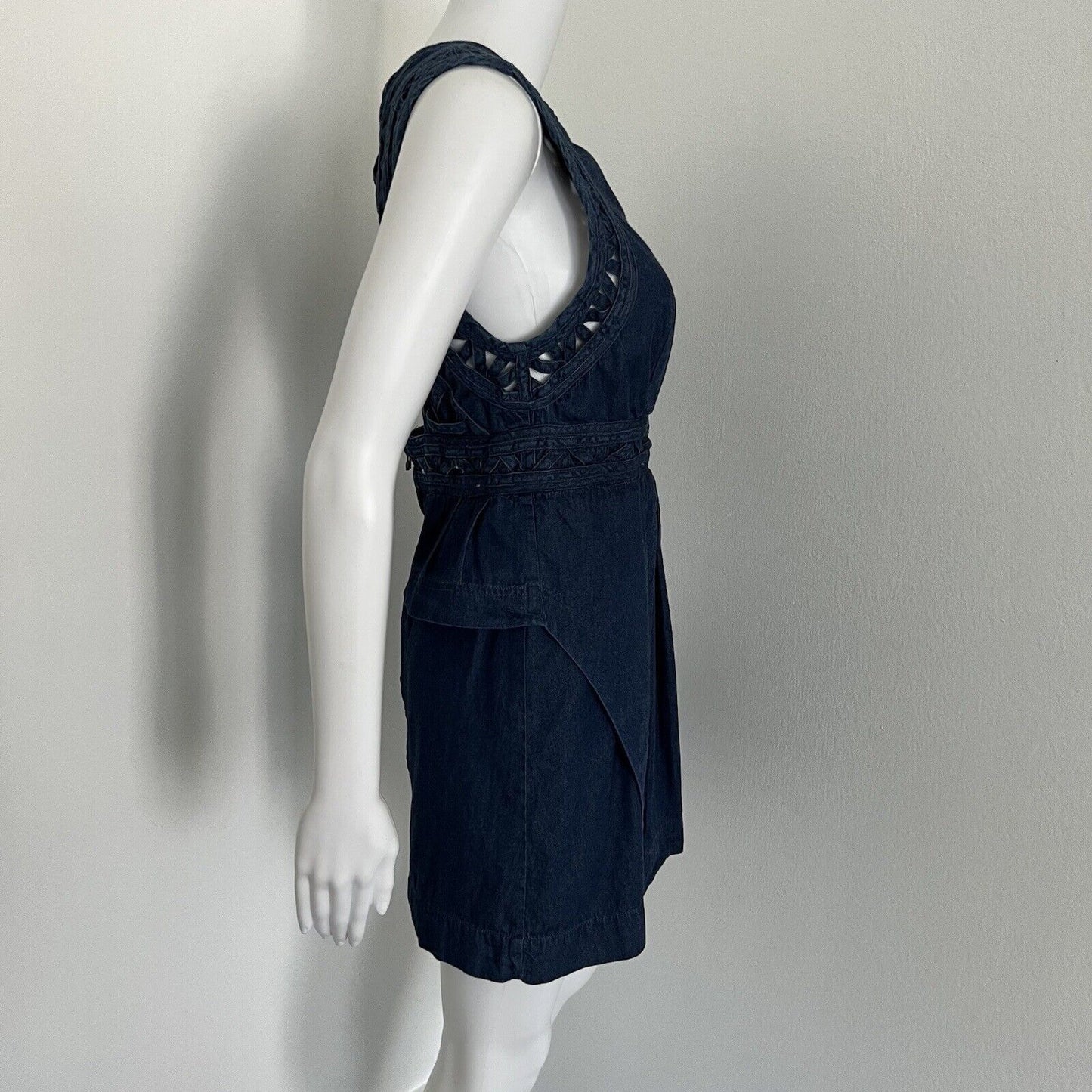 Free People New Romantics Women's Highland Mini Dress Size 6 Denim Blue Caged