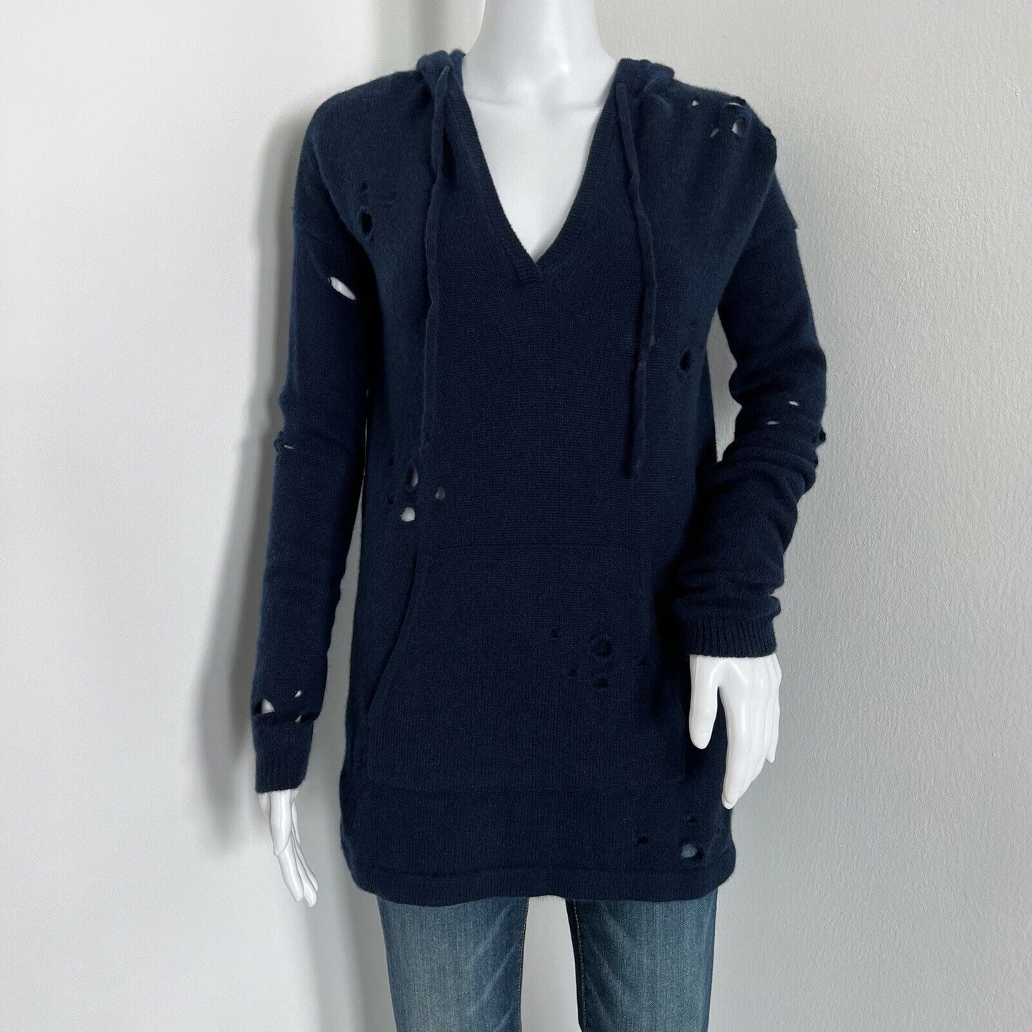 Autumn Cashmere Women's Hoodie Sweater Size XS Blue 100% Cashmere Distressed