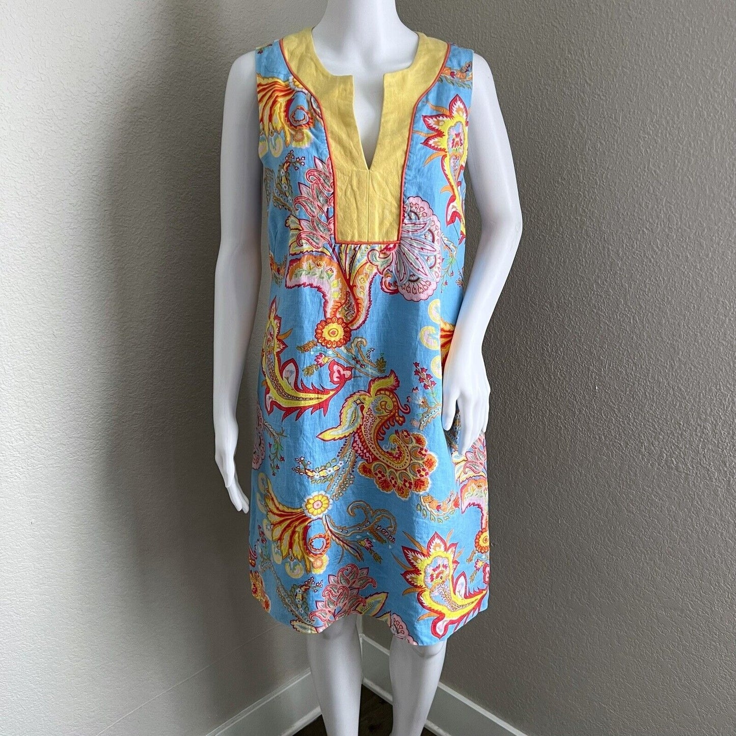 J McLaughlin Dress Size 8 Linen Shift Vneck Blue Yellow Paisley Floral