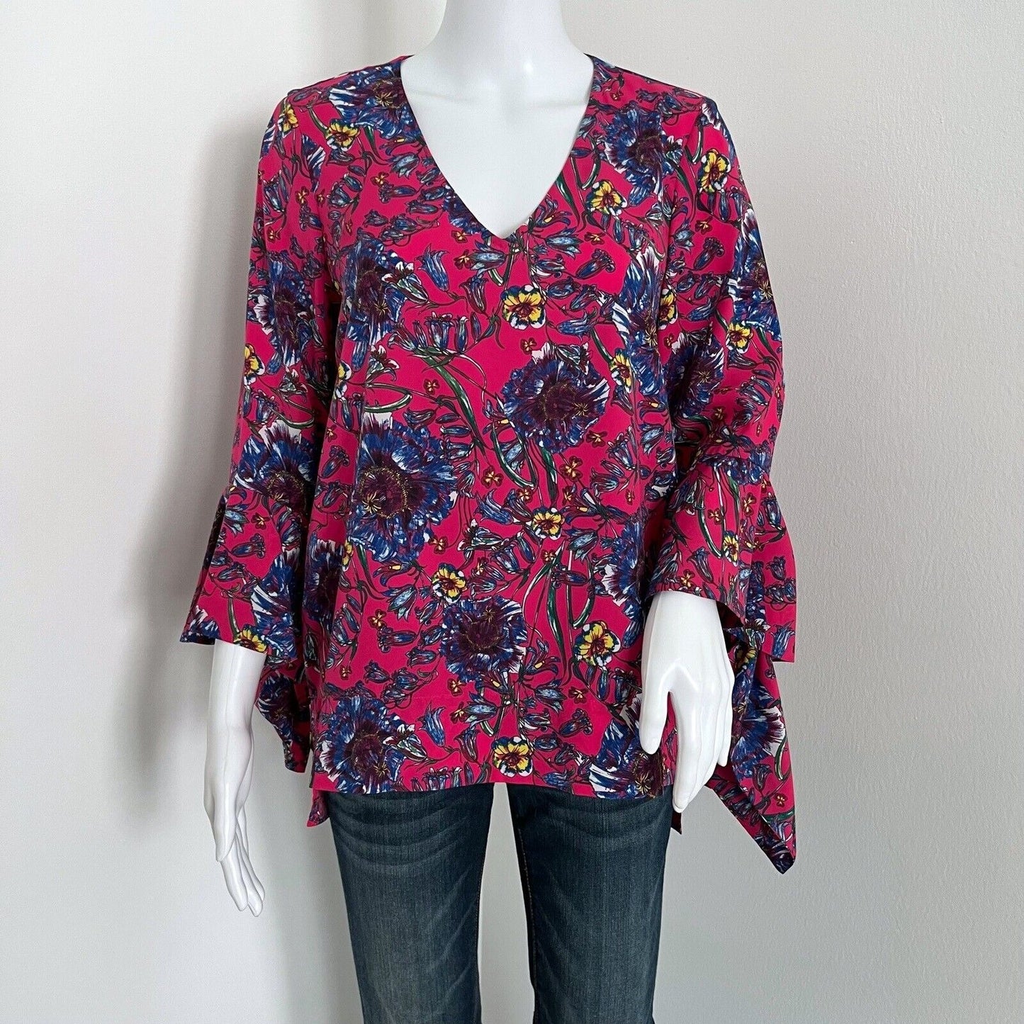 Prabal Gurung Women's Blouse Size 2 Pink Floral Bell Sleeves Vneck Pop of Color