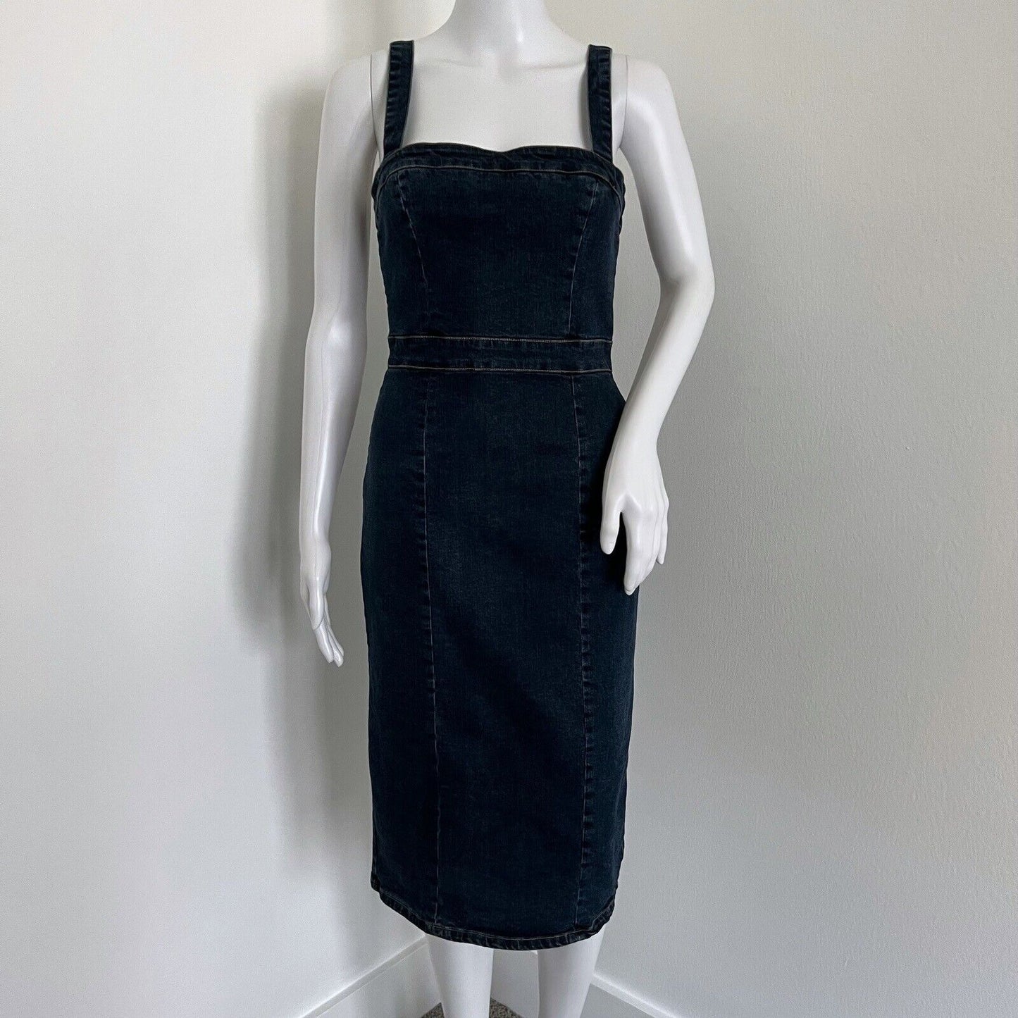 Kookai Women Casella Dress Size 6 38 True Indigo Blue Denim Stretch Square Neck