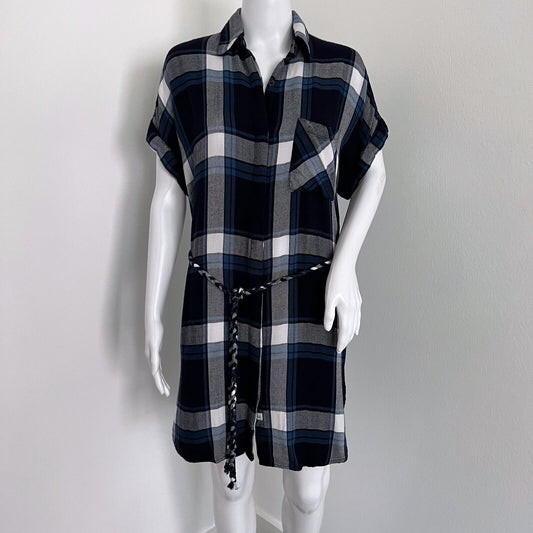 Rails Women Plaid Shirt Dress Size S Blue White Plaid Braided Belt Short Sleeve